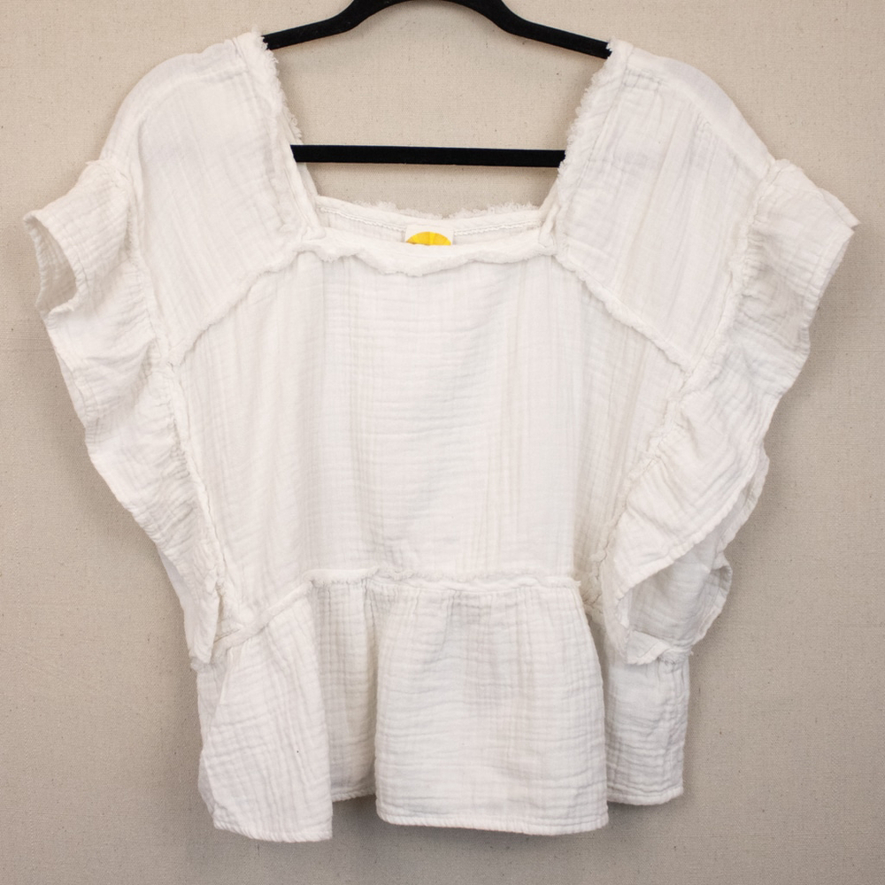 C&C California white cotton gauze ruffle boho top-L